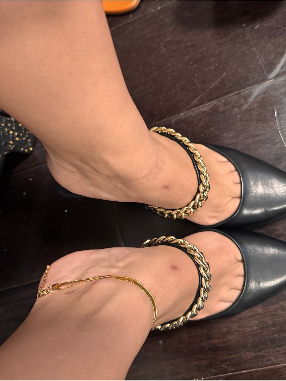 Zara Black Pointed Pumps with Gold Chain Ankle Strap